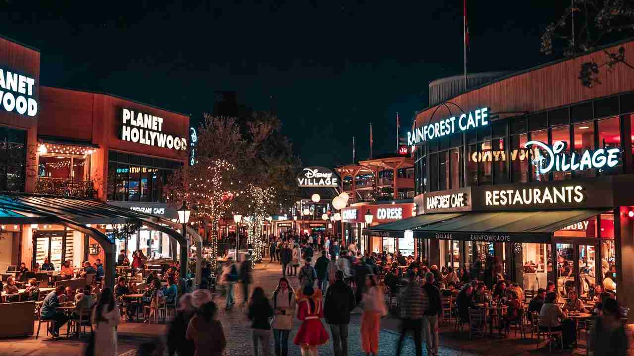 Restaurants at Disney Village Paris in the evening